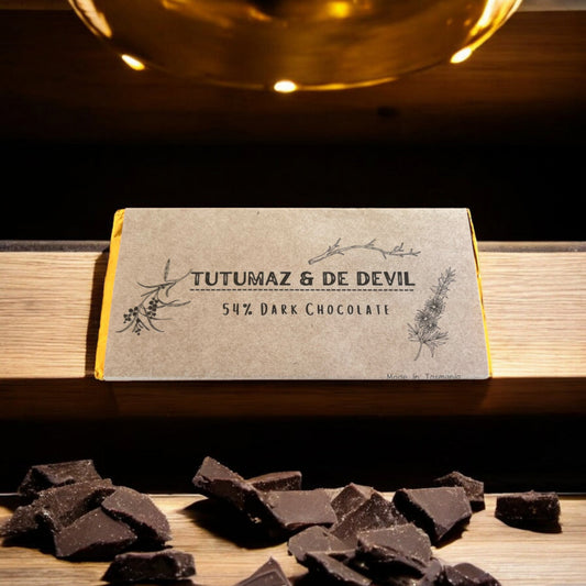 Premium 54% dark chocolate bar handcrafted by Tutumaz & De Devil in Bicheno Tasmania