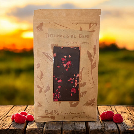 Premium dark chocolate bar with freeze-dried raspberries made in Tasmania by Tutumaz & De Devil