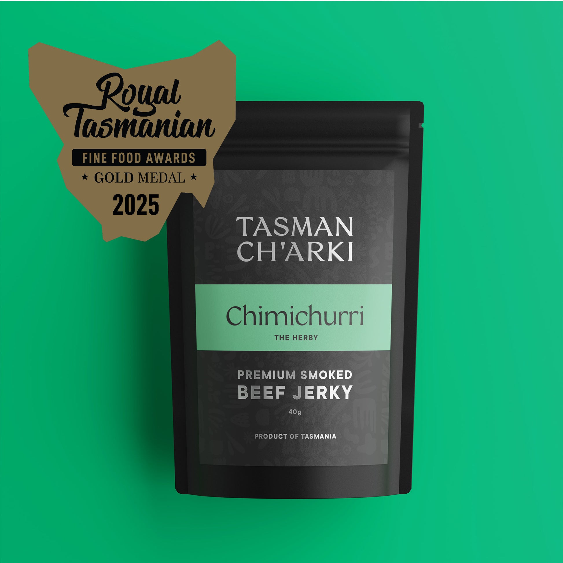 Tasmanian Tasman Ch'arki Chimichurri beef jerky package with a gold medal award on a green background