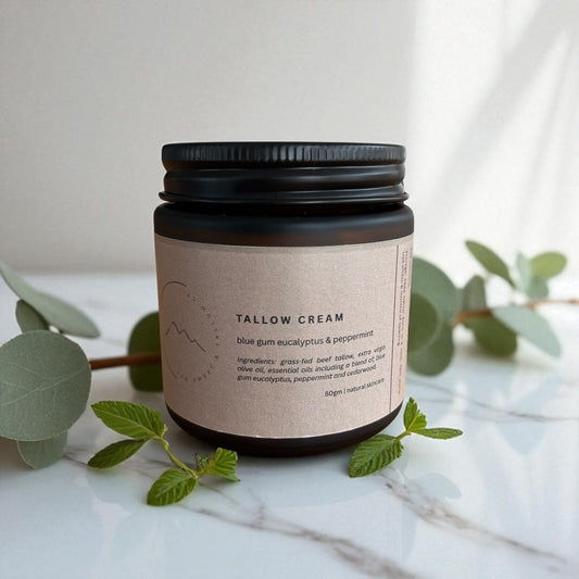Tasmanian tallow cream jar with blue gum eucalyptus and peppermint natural skincare product