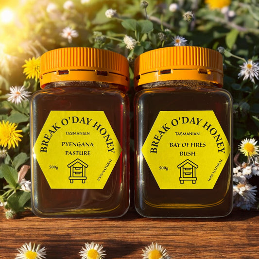 Tasmanian honey duo showing Bay of Fires Bush Honey and Pyengana Pasture Honey jars side by side.