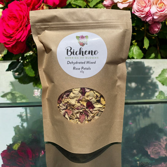 Food-grade Tasmanian dehydrated mixed rose petals perfect for culinary garnish and dessert decoration