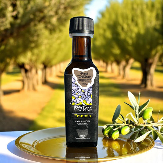 Award-winning Italian Frantoio Extra Virgin Olive Oil bottle from Riverstone Olives Tasmania