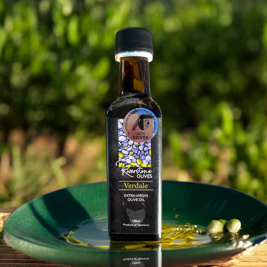 Award-winning French Verdale Extra Virgin Olive Oil bottle from Riverstone Olives Tasmania