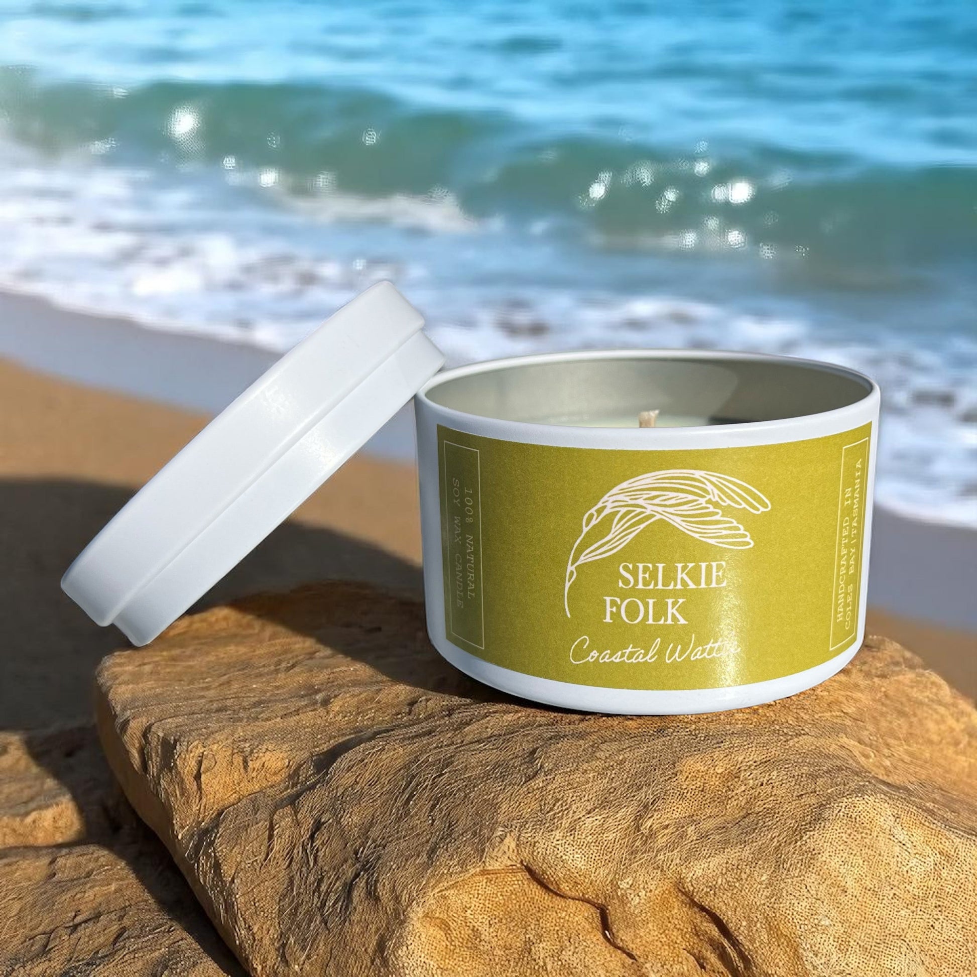 Natural soy wax Coastal Wattle candle displaying clean burn and Tasmanian floral scent profile