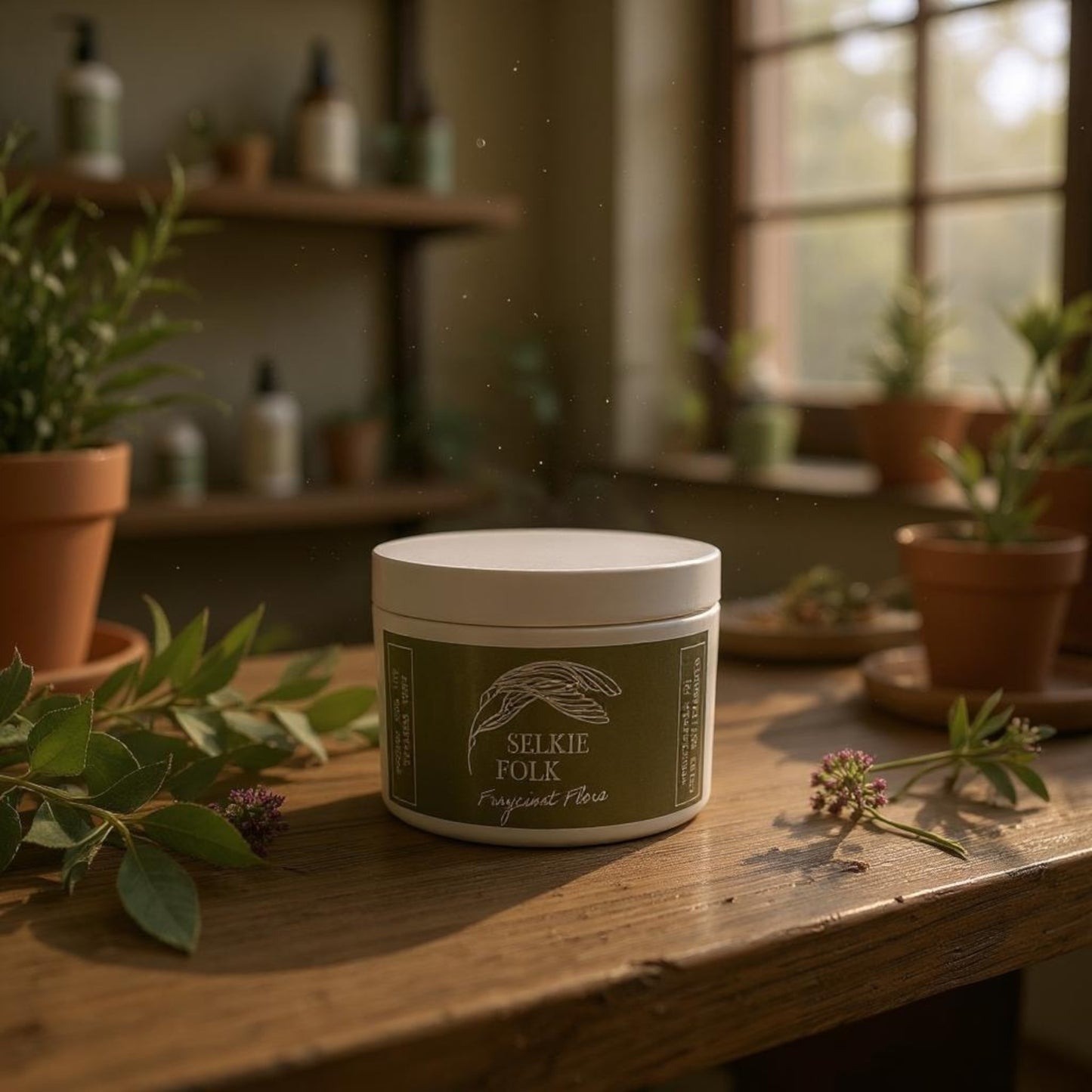 Close-up of Freycinet Flora soy candle lid with Selkie Folk branding and Tasmanian national park inspiration