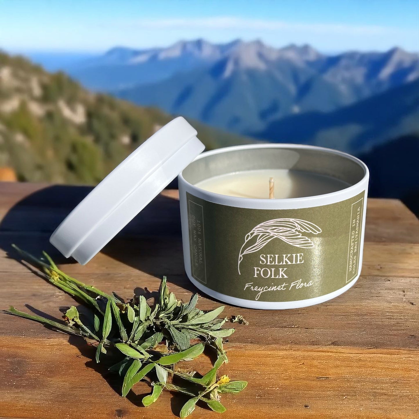 Handmade Freycinet Flora soy candle by Selkie Folk Tasmania featuring native eucalyptus and tea tree scents