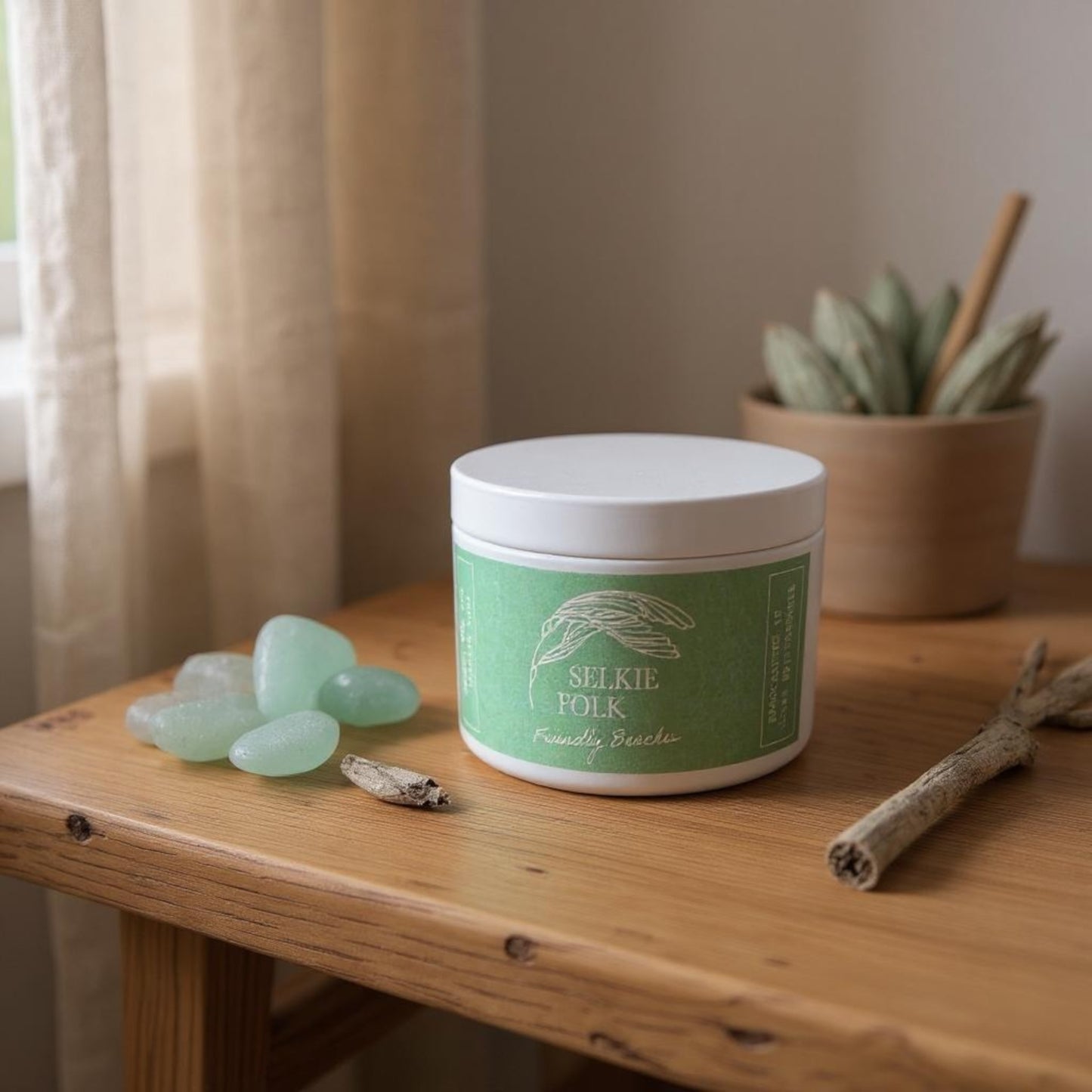 Handmade Friendly Beaches soy candle by Selkie Folk Tasmania with coastal-inspired packaging