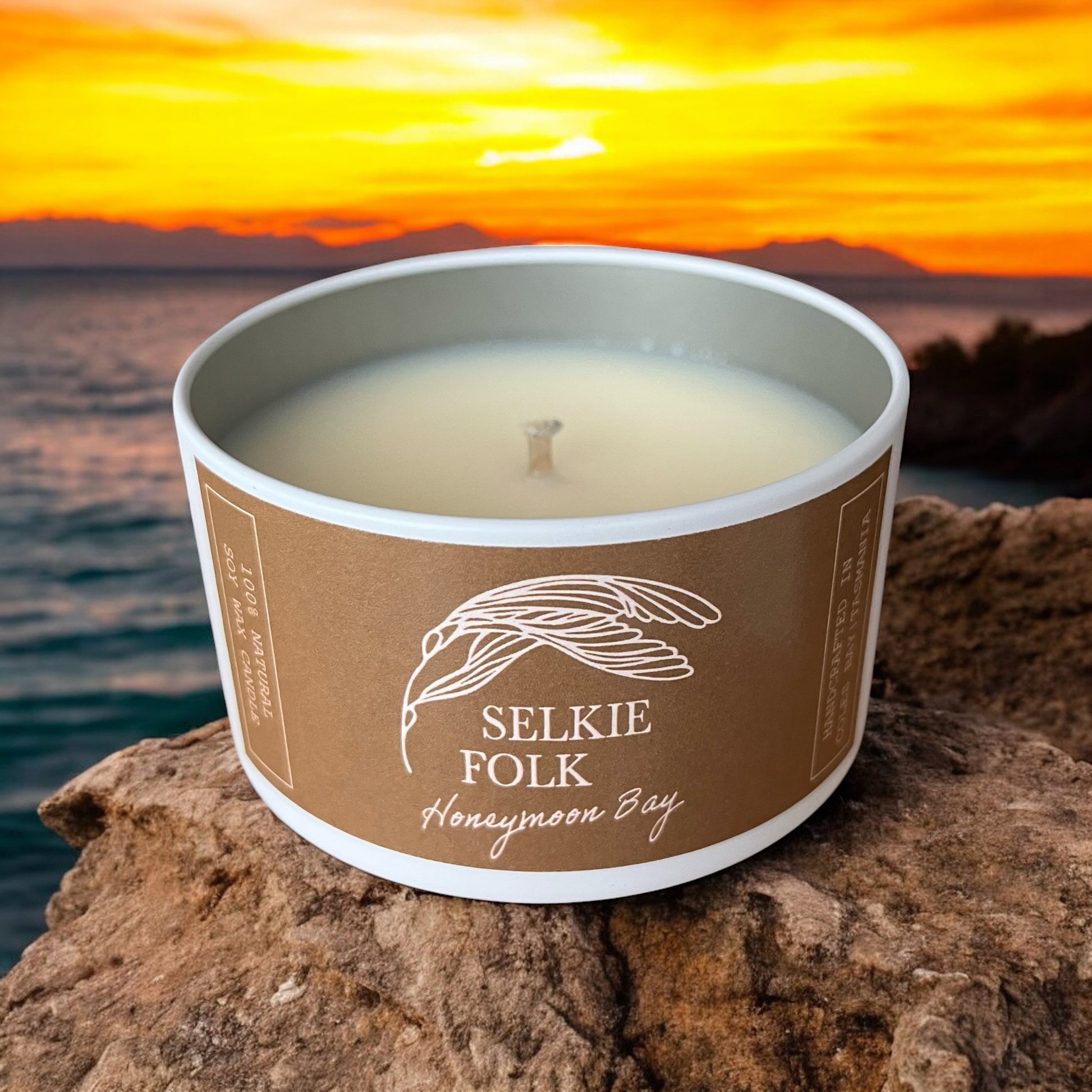 Honeymoon Bay soy candle open showing natural wax and 28-hour burn time for romantic ambiance