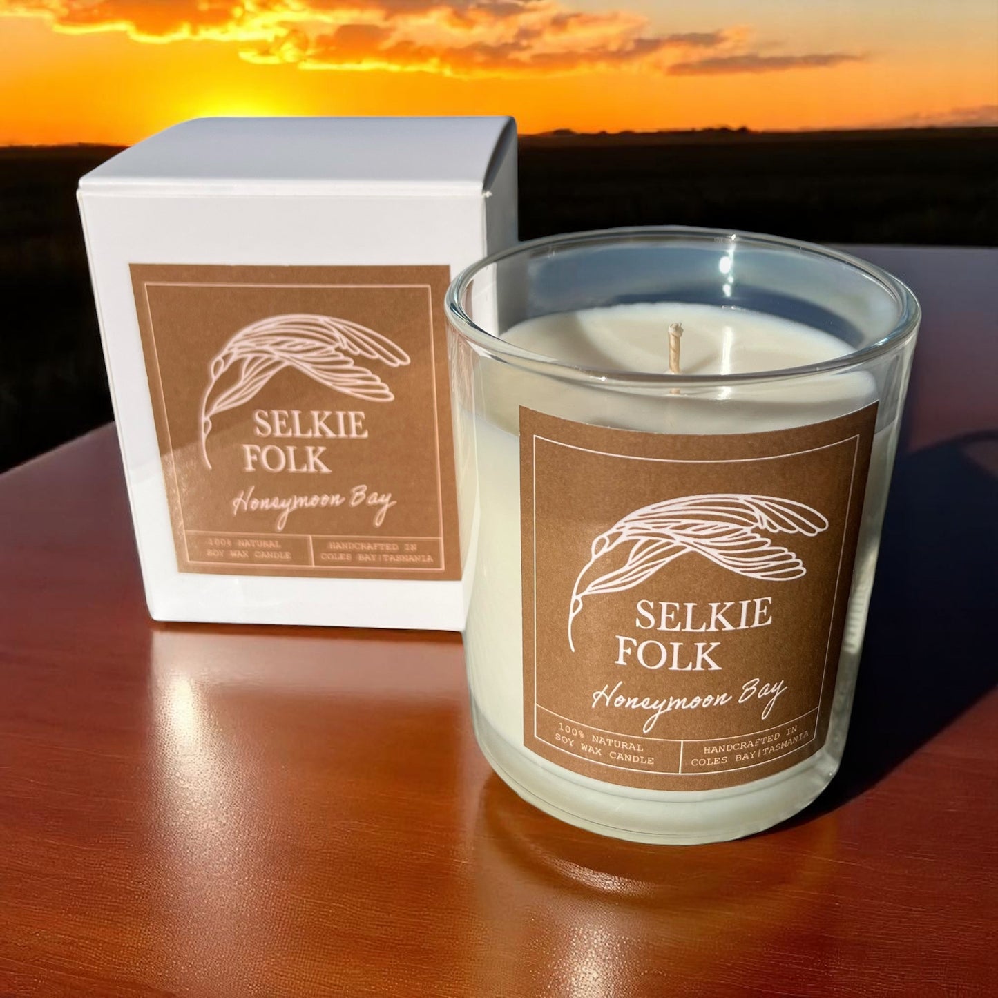 Handmade Honeymoon Bay romantic soy candle by Selkie Folk Tasmania with wildflower honey spice fragrance