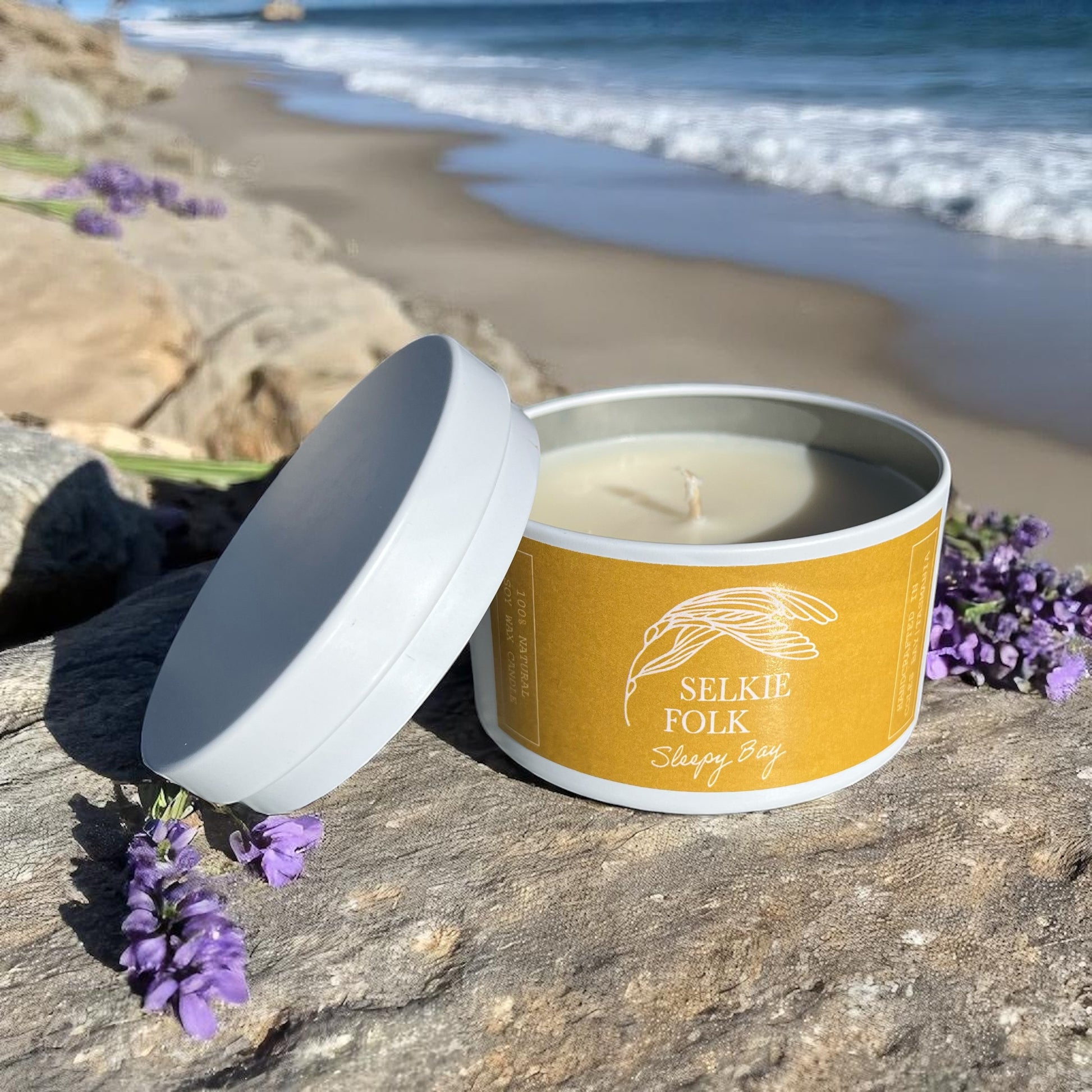 Sleepy Bay handmade soy candle by Selkie Folk Tasmania showing natural wax and relaxing coastal scents