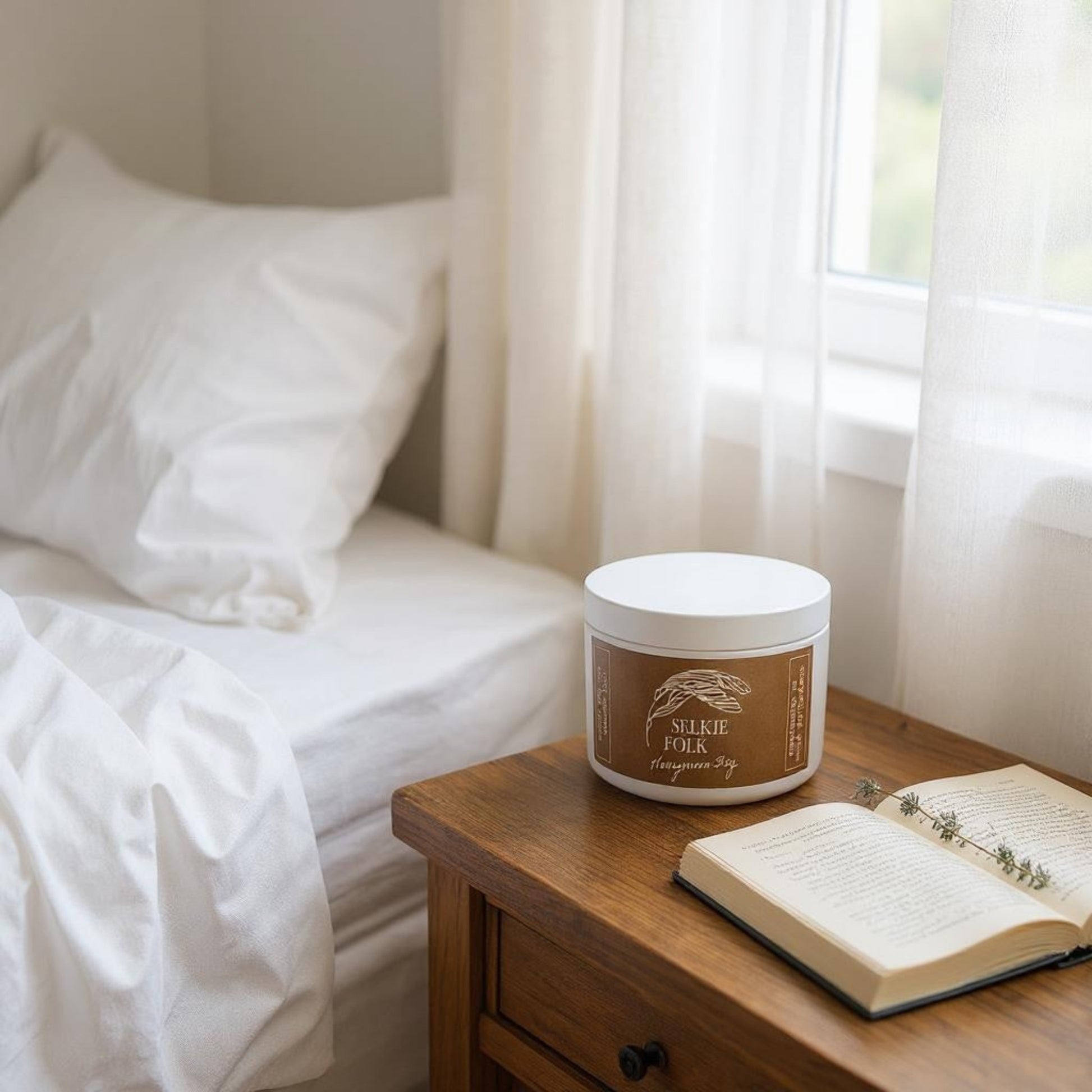Close-up of Selkie Folk artisan branding on Honeymoon Bay romantic soy candle from Tasmania