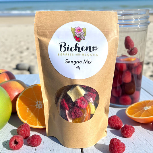 Tasmania Bicheno Berries and Blooms Sangria Mix packaging with berries and oranges on a beach setting