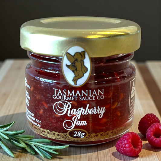 Award-winning Tasmanian Gourmet Raspberry Jam jar showing premium artisan preserve.