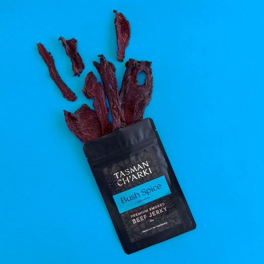 Bush spice beef jerky pieces showing texture and native spice seasoning of Tasmanian smoked jerky