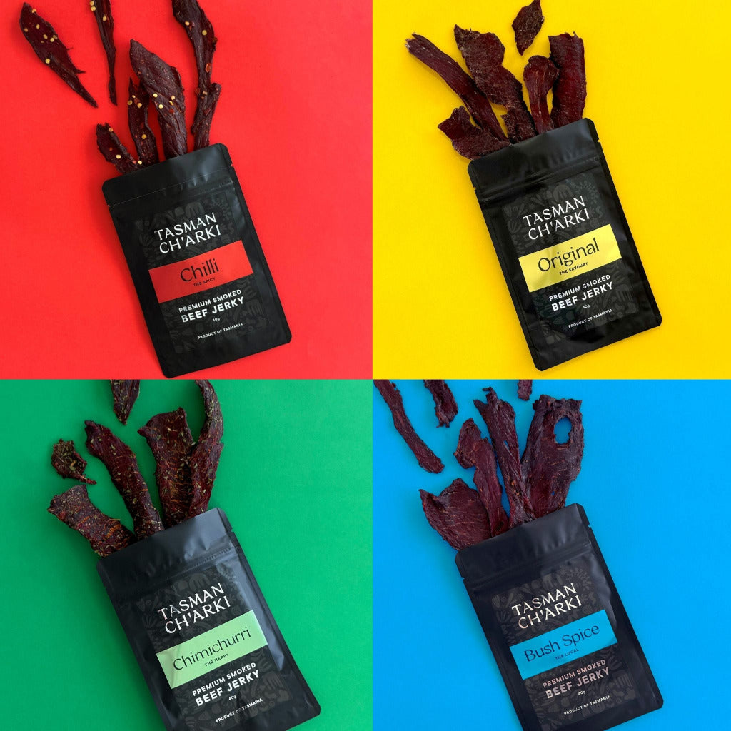 Australia's best beef jerky collection showing all four Tasman Ch'arki premium flavours from Tasmania