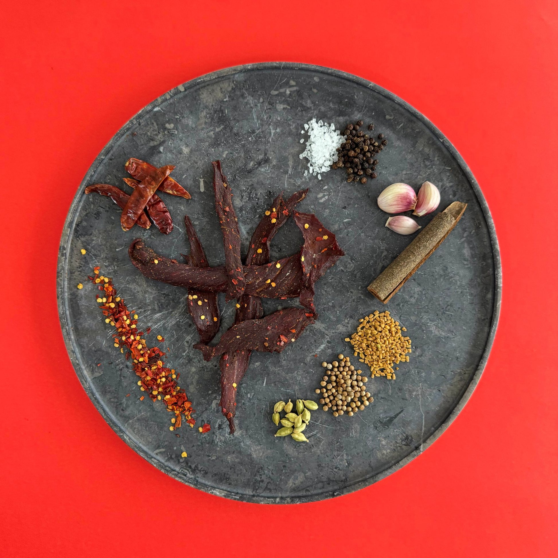 Tasmanian Tasman Ch'arki chilli beef jerky ingredients and showing spices blend