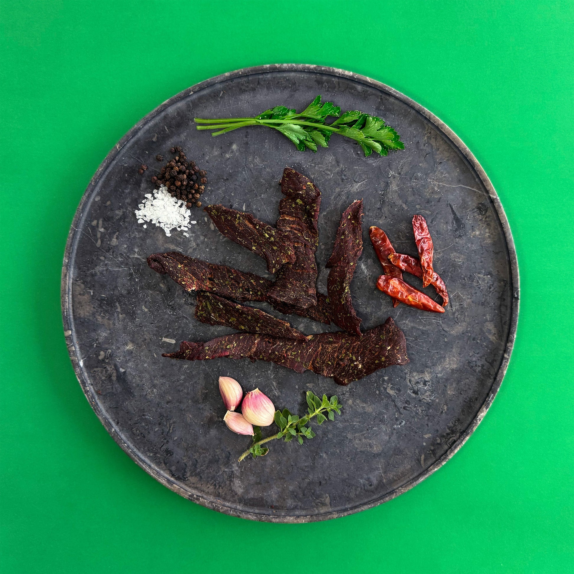 Tasmanian Tasman Ch'arki chimichurri beef jerky ingredients displaying herb blend