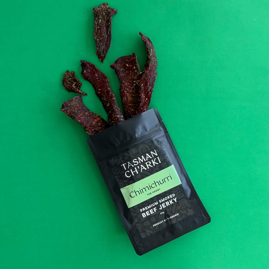Chimichurri beef jerky pieces showing herb-seasoned texture and colour of Tasmanian smoked jerky