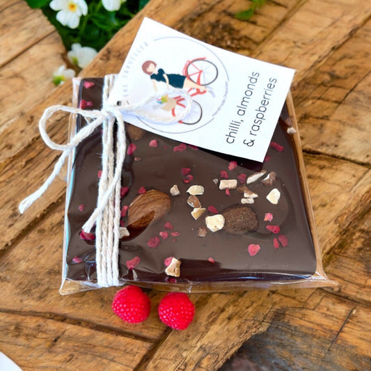 Chilli, Almonds and raspberries dark chocolate bar Tasmanian Handmade Confectionery