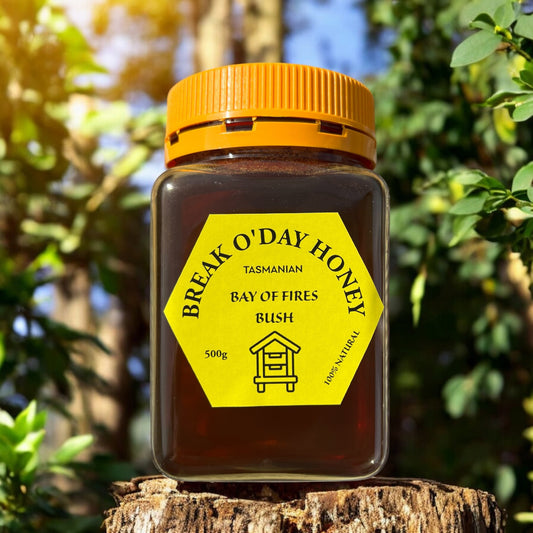 Bay of Fires Bush Honey jar showing premium Tasmanian native honey with Break O'Day Honey branding