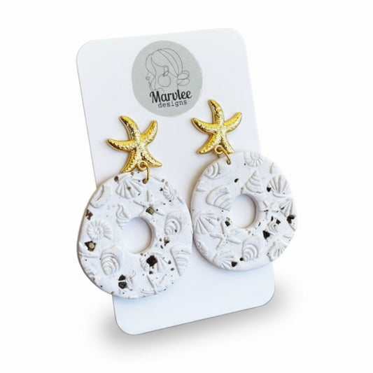 Aspley large dangle earrings two tier design with gold starfish studs and white seashell texture polymer clay by MarvLee Designs Tasmania