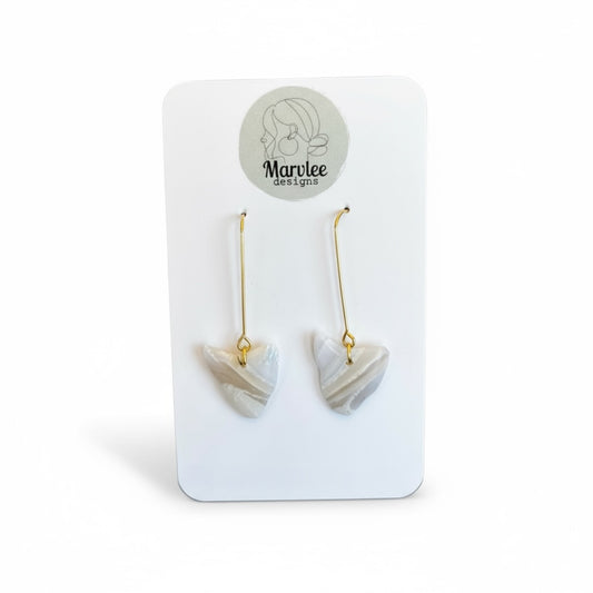Front view of East Coast small drop dangle earrings with gold bar and Tasmania shell shape handcrafted