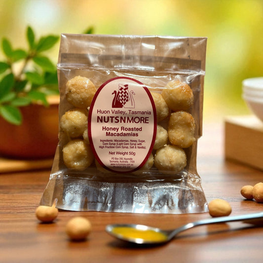 Premium Tasmanian Honey Roasted Macadamias showing golden honey glaze and perfect roasted texture