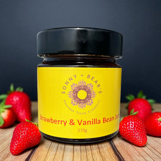Handcrafted Strawberry and Vanilla Bean Jam jar by Sonny & Bear Tasmania showing premium artisan preserve.