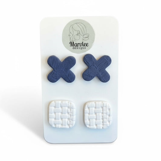 Pair of Tasmanian handmade earrings with 'X' and woven design