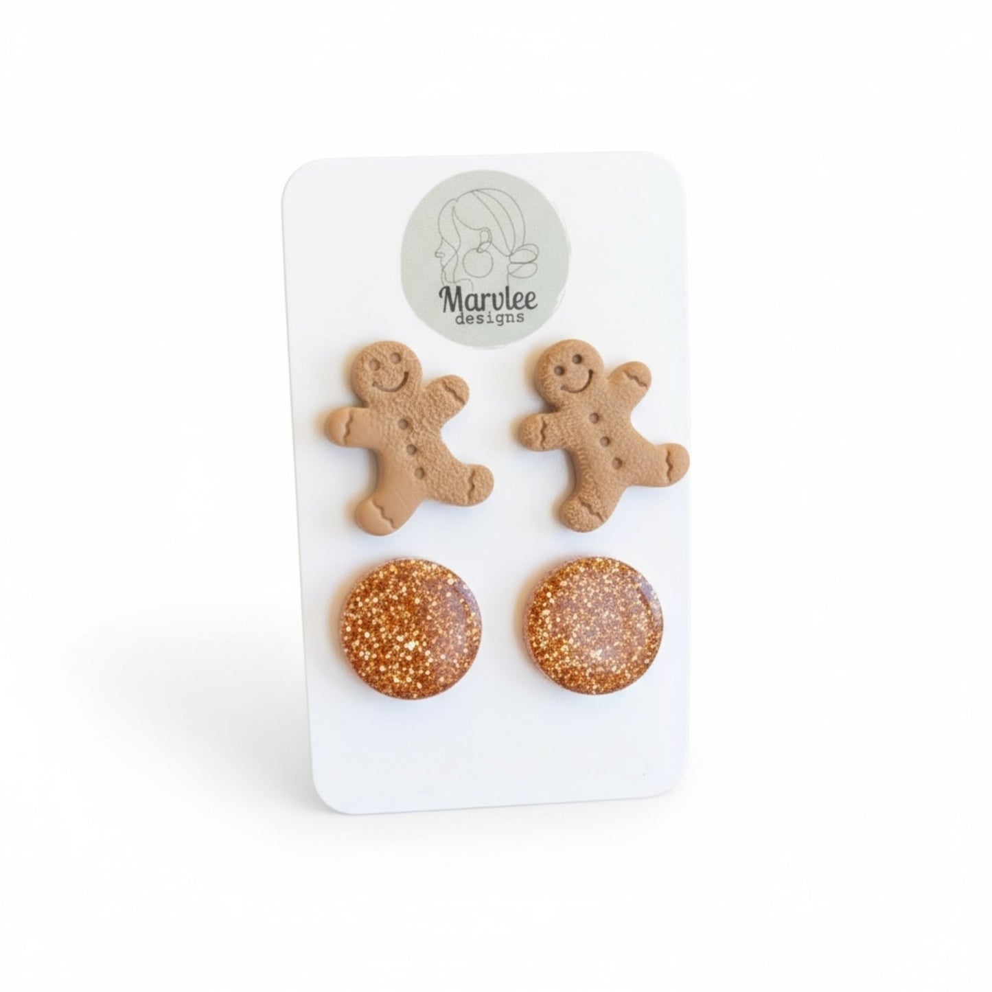 Small batch handmade polymer clay Christmas gingerbread man stud earrings by MarvLee Designs Tasmania
