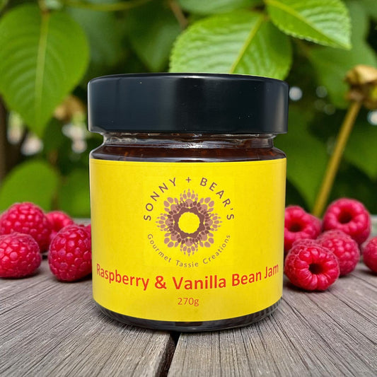 Handcrafted Raspberry Vanilla Bean Jam jar by Sonny & Bear Tasmania showing premium gourmet preserve
