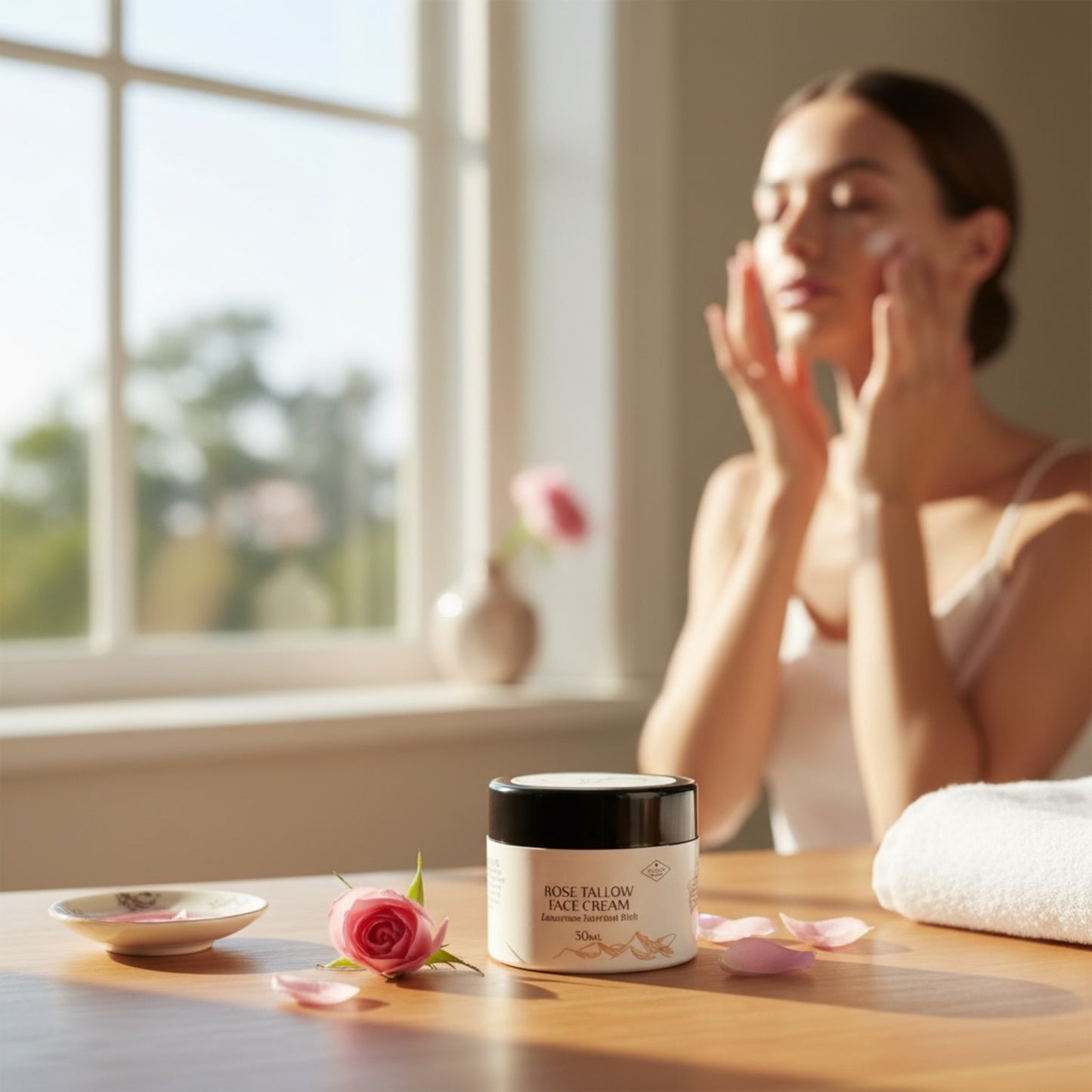 Woman applying Tasmanian Valley Tallow Rose Face Cream to face in elegant skincare routine
