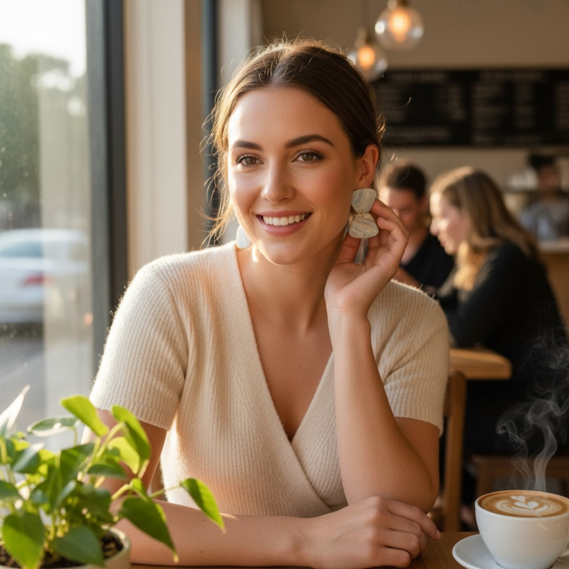 Woman wearing Coastal medium statement dangle earrings showing ocean-inspired blue and white marbling by MarvLee Designs Tasmania