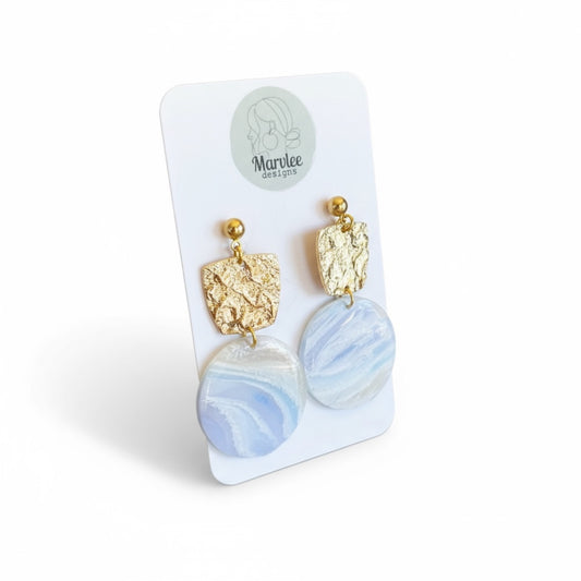 Side profile of Reef large polymer clay dangle earrings with authentic Tasmanian shells and gold ball stud connectors