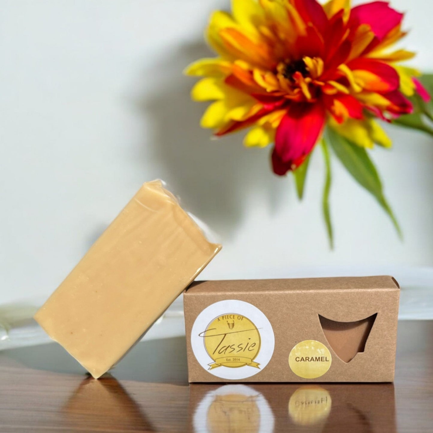A Piece of Tassie smooth caramel fudge packaging with premium Tasmanian branding