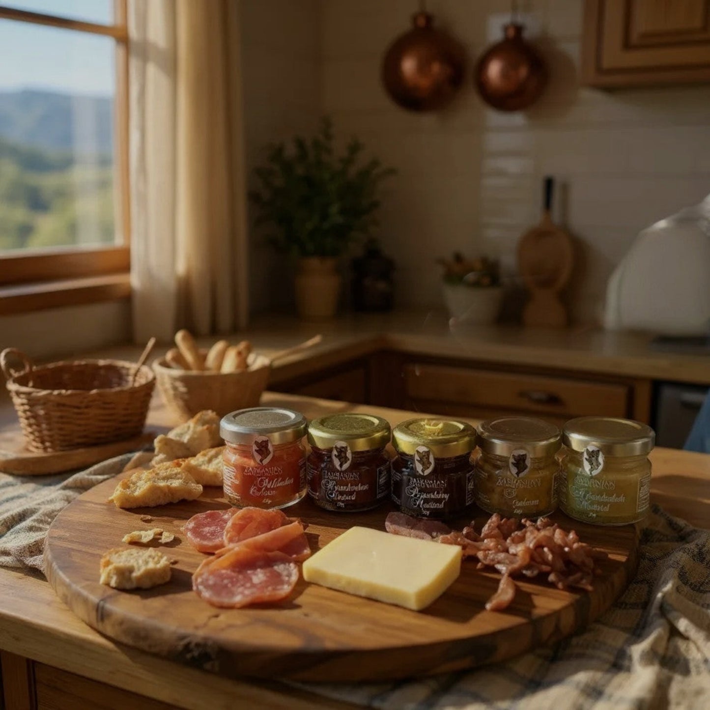 Wooden cutting board with assorted meats, cheeses, and jars of Tasmanian mustards in a kitchen setting.