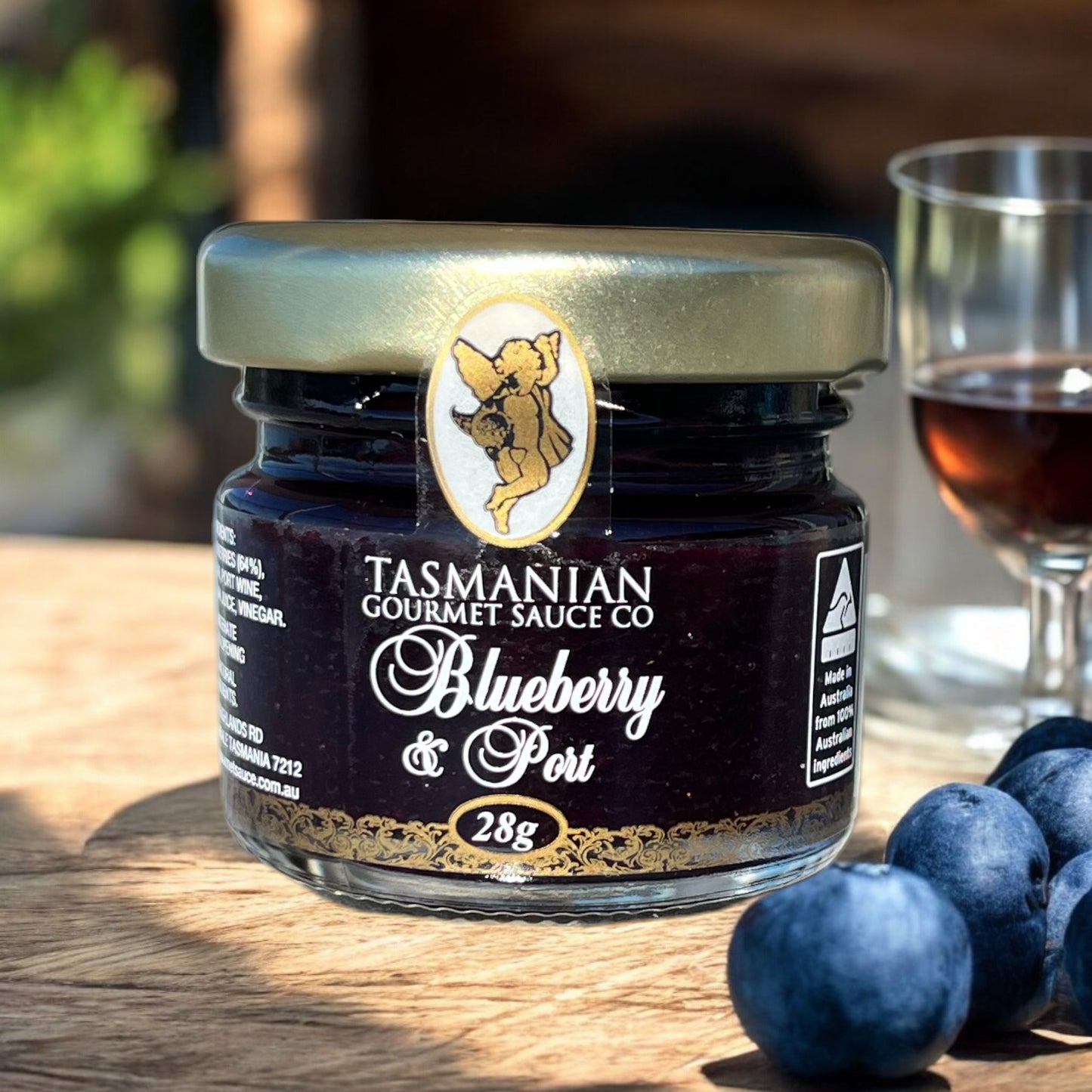 Blueberry and Port Jam by Tasmanian Gourmet Sauce Company showing premium artisan preserve with wine infusion
