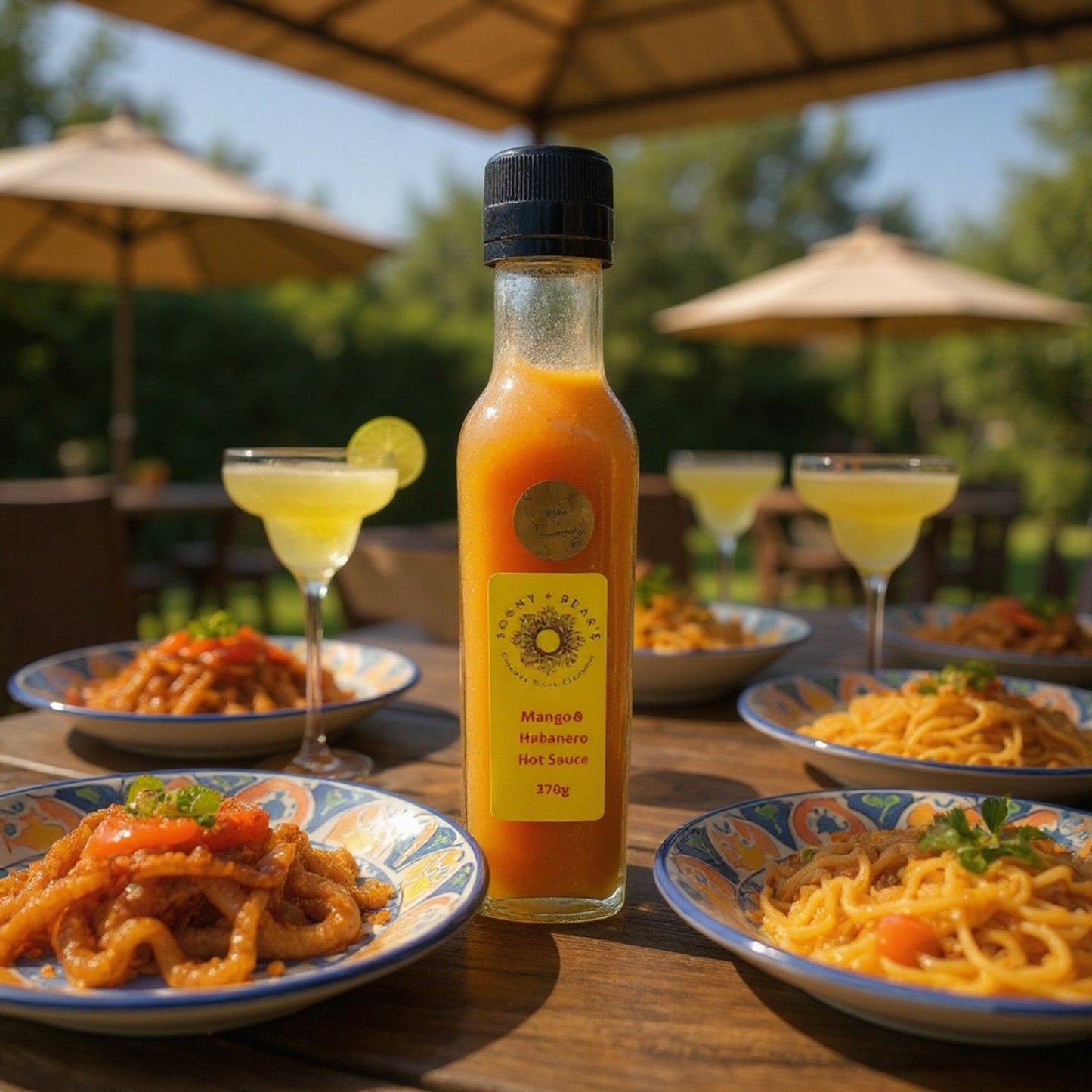Bottle of Tasmanian Mango & Habanero gourmet hot sauce on a table with plates of food and drinks, outdoor setting.