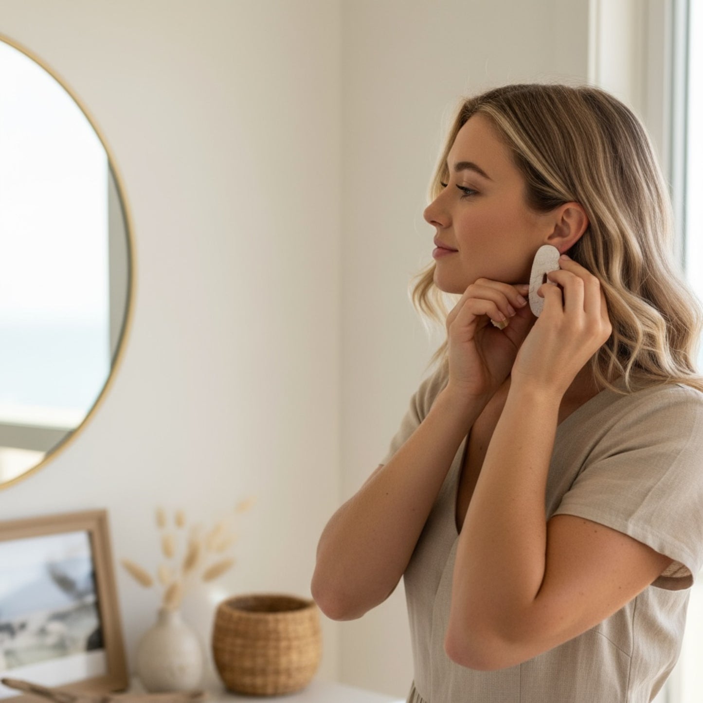 Woman wearing Moana large statement stud earrings showing size and coastal design by MarvLee Designs Tasmania