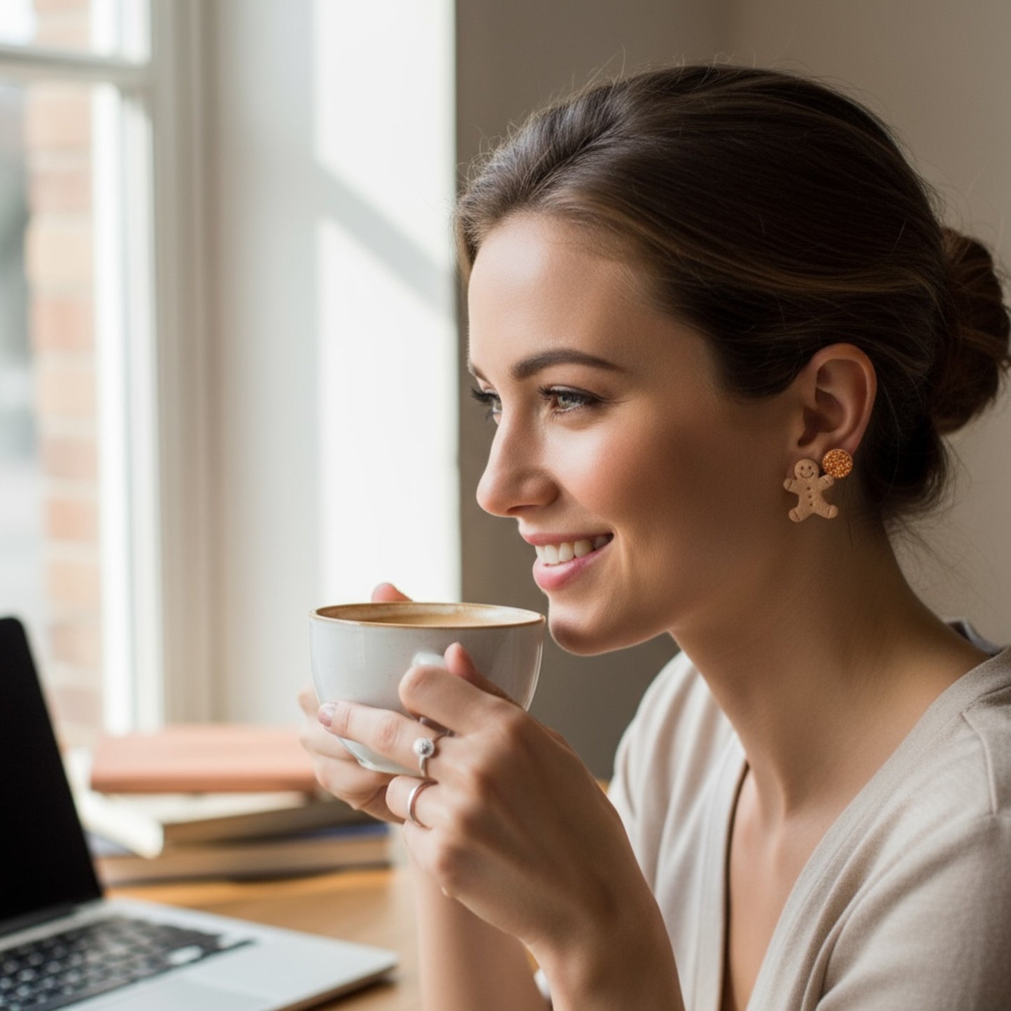 Woman wearing Tasmanian Christmas earrings holding a coffee cup, smiling, with a laptop on a table in the background.