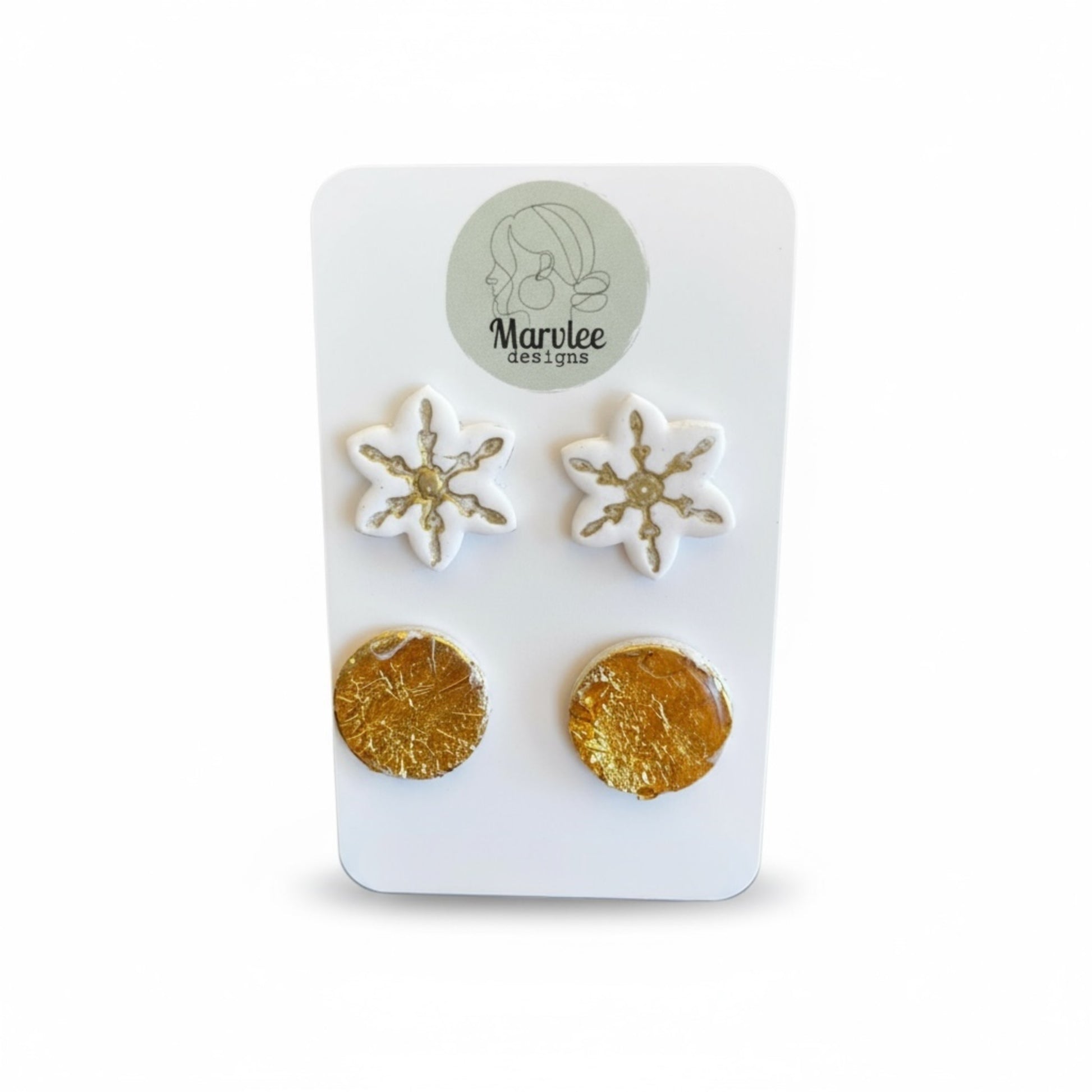 Limited edition snowflake stud earrings with gold glitter polymer clay handmade in Tasmania by MarvLee Designs