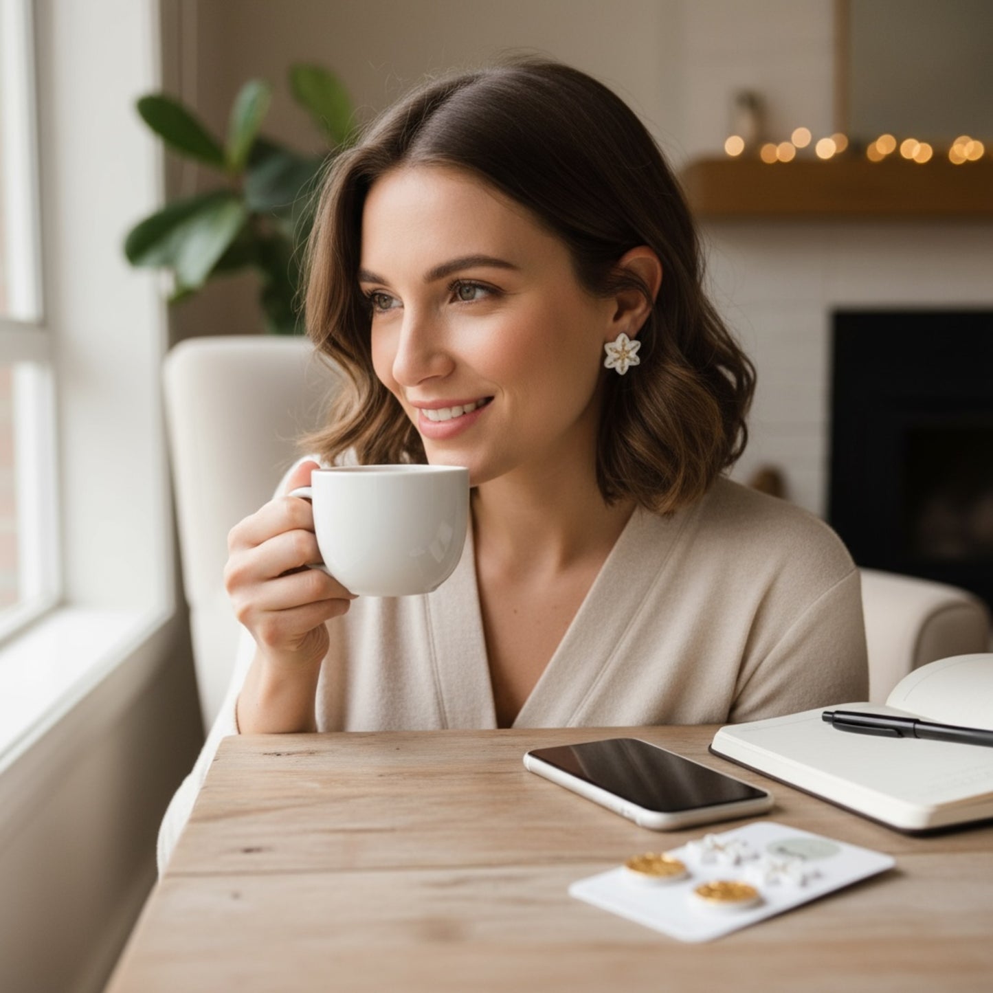 Woman wearing Tasmanian Christmas earrings holding a white mug in a cozy indoor setting