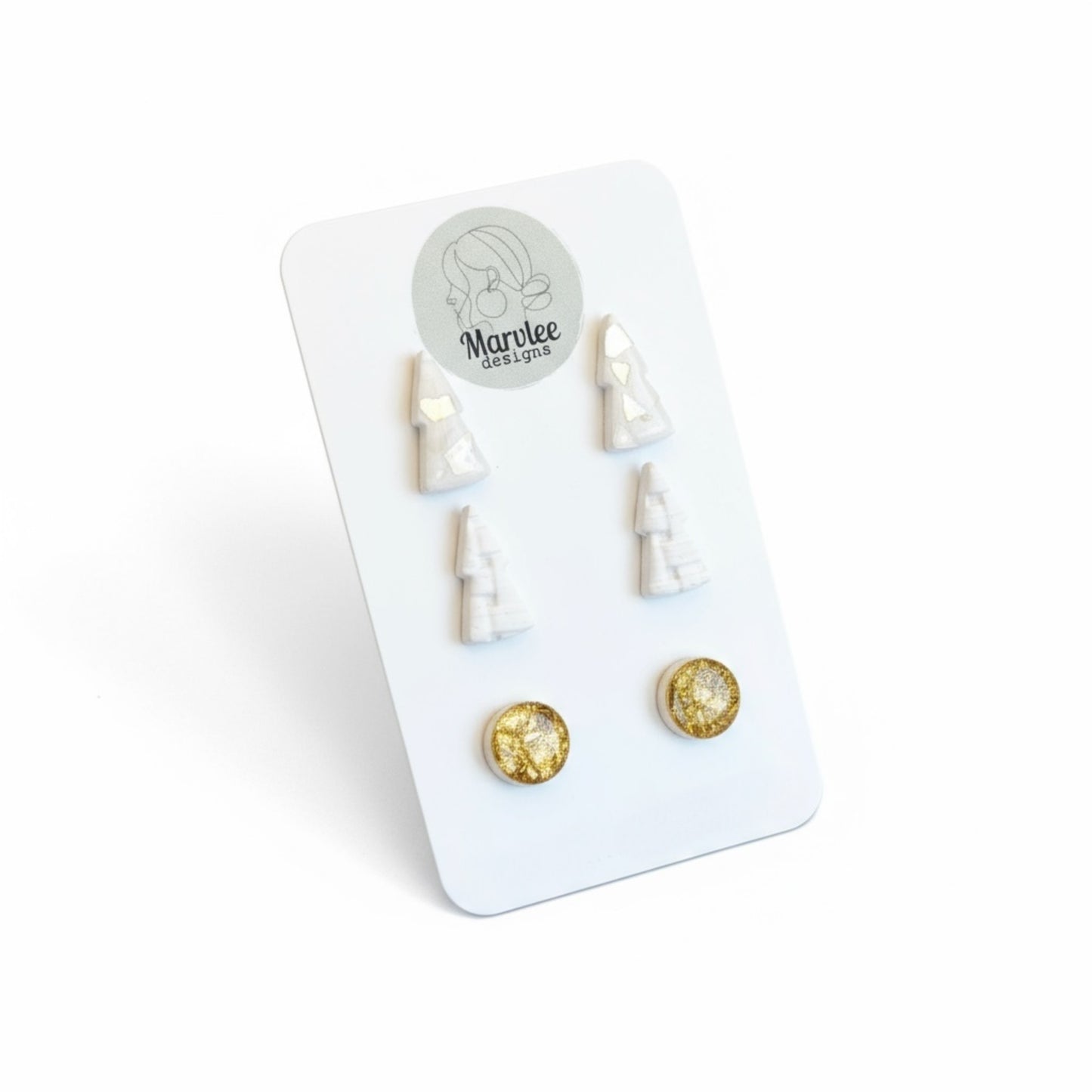 Exclusive made to order white and gold Christmas tree stud earrings handcrafted polymer clay by MarvLee Designs Tasmania
