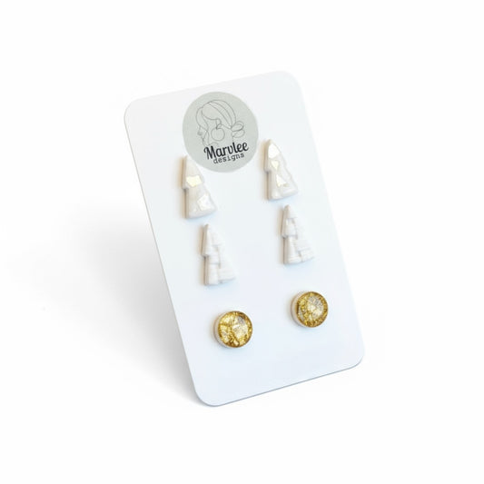 Exclusive made to order white and gold Christmas tree stud earrings handcrafted polymer clay by MarvLee Designs Tasmania