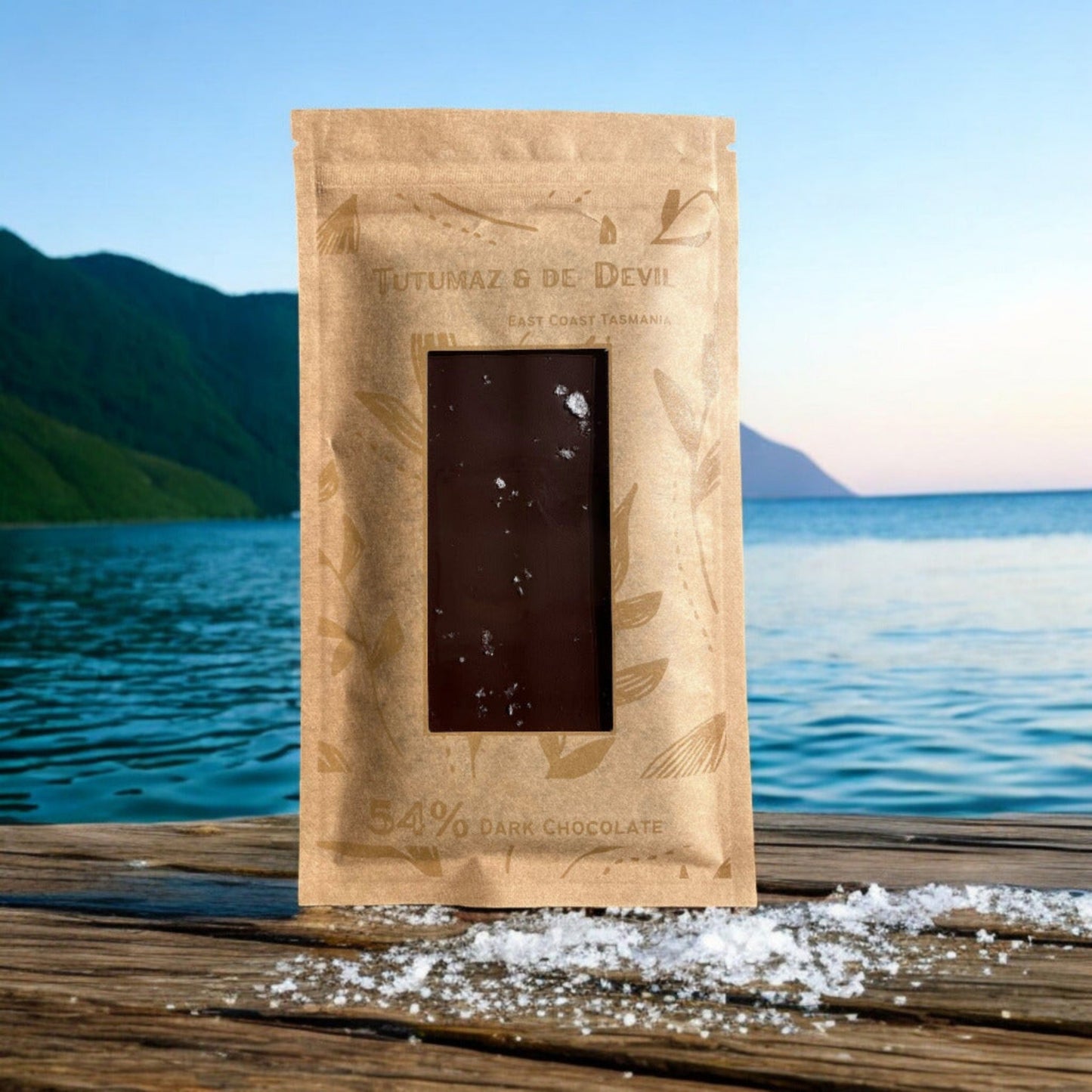 Tutumaz & De Devil dark chocolate bar with Tasman Sea Salt handcrafted in Bicheno Tasmania