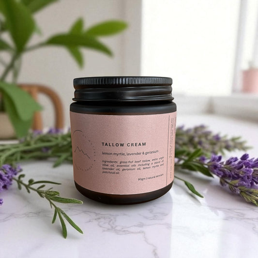 Tasmanian Tallow Cream Lemon Myrtle Lavender Geranium jar natural skincare Australia