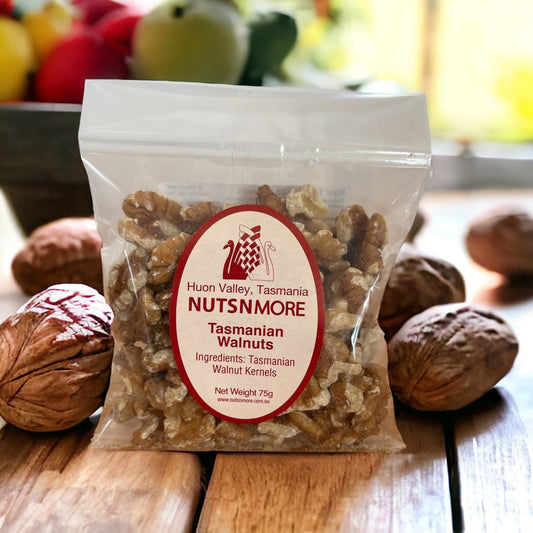 Tasmanian walnuts 75g packet showing premium quality Australian grown nuts