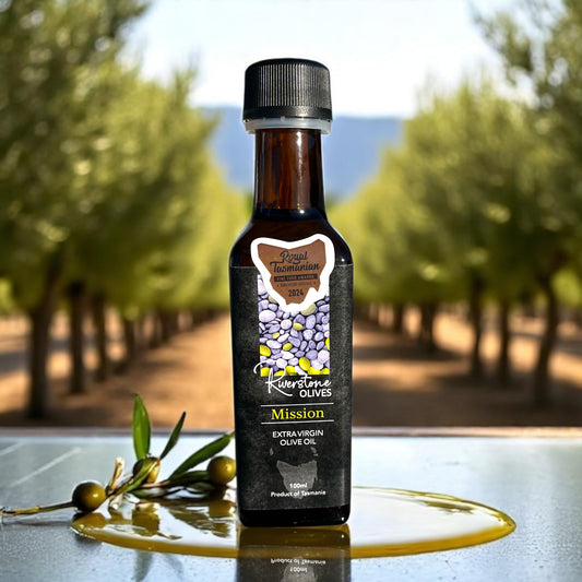 Award-winning Spanish Mission Extra Virgin Olive Oil bottle from Riverstone Olives Tasmania