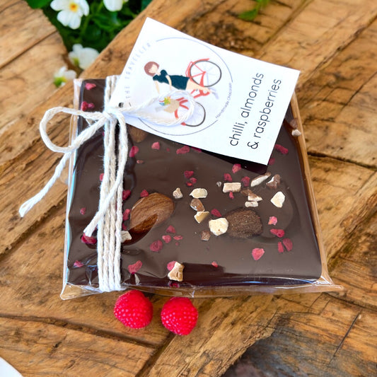 Chilli, Almonds and raspberries dark chocolate bar Tasmanian Handmade Confectionery Online Gifts